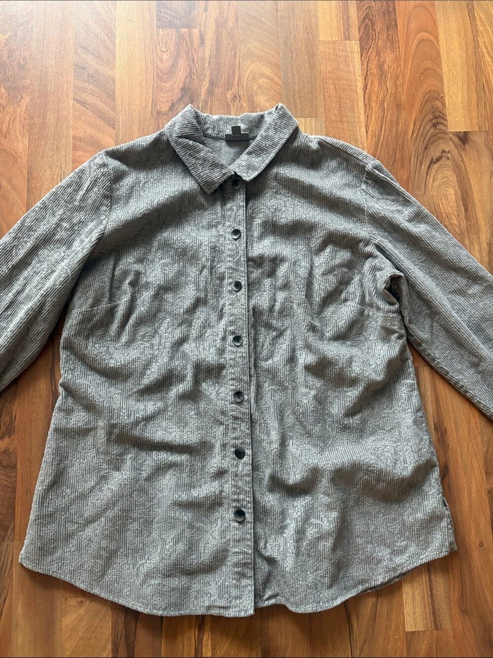 J. Jill Womans Shirt Large Gray Corduroy Long Sleeve Button Up Floral Embroidery